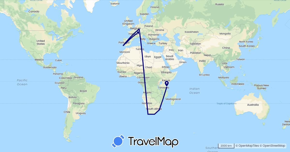 TravelMap itinerary: driving in Switzerland, Germany, Namibia, Portugal, Tanzania, South Africa (Africa, Europe)